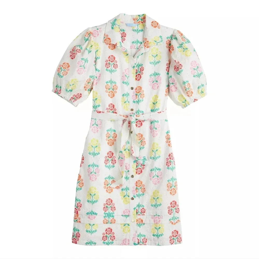 Draper James Puff Sleeve Shirt Dress XL Eyelet Lace Floral Tie Preppy Cottage